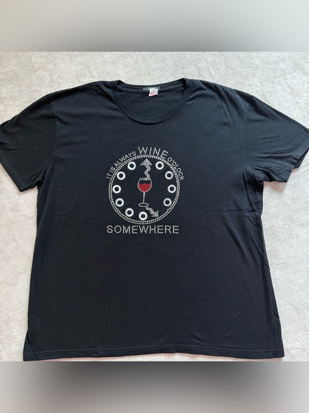Black Short Sleeve Wine Graphic Tee - Rhinestone Accent